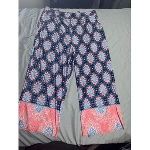 Studio JPR Womens XL Wide Leg Pants Navy Blue Coral Pink Medallion Print Boho
